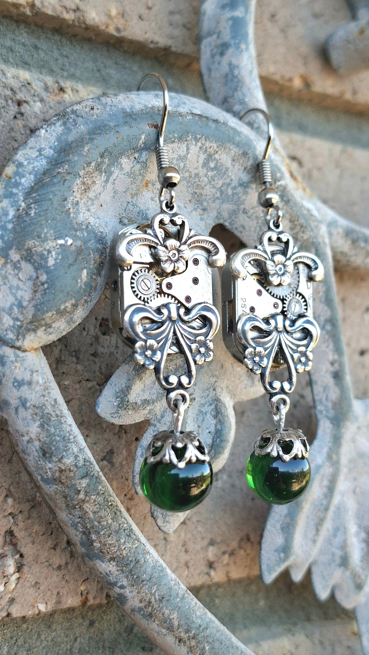NEW! Timepiece Awa Ornate Garden Earrings with Small Green Glass Drops