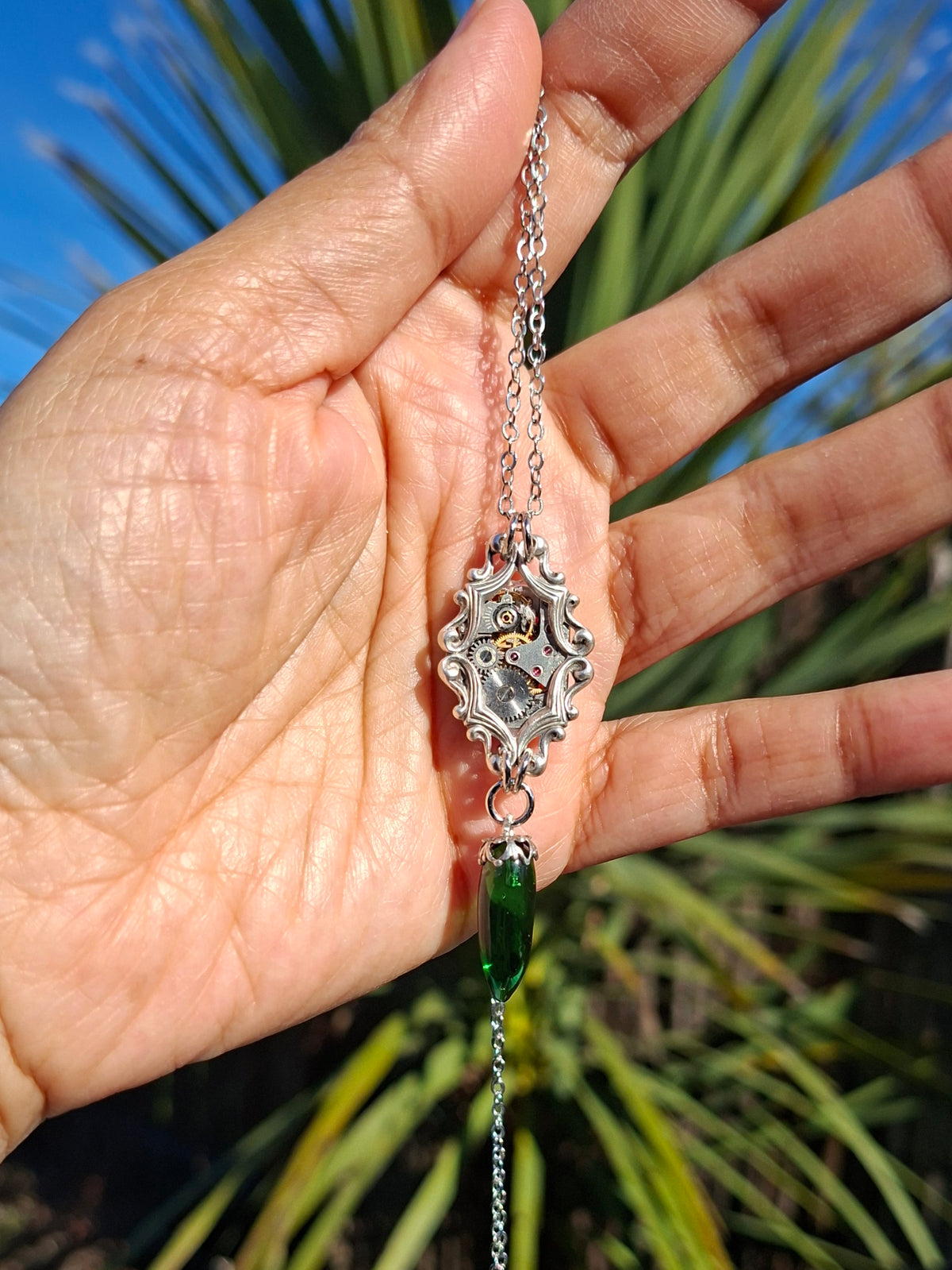 NEW! Timepiece Awa Diamond Frame Necklace with Green Glass Pointed Drop