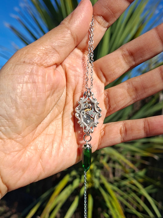 NEW! Timepiece Awa Diamond Frame Necklace with Green Glass Pointed Drop