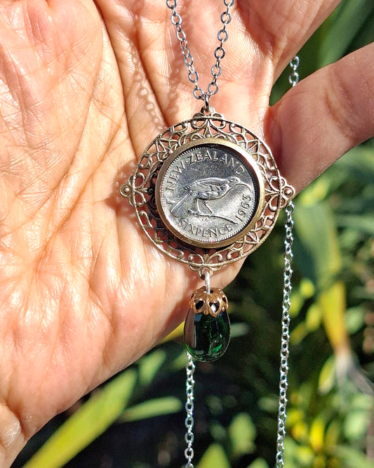NEW! Re-minted Awa Sixpence Coin Necklace with Filigree Setting and Green Glass Teardrop