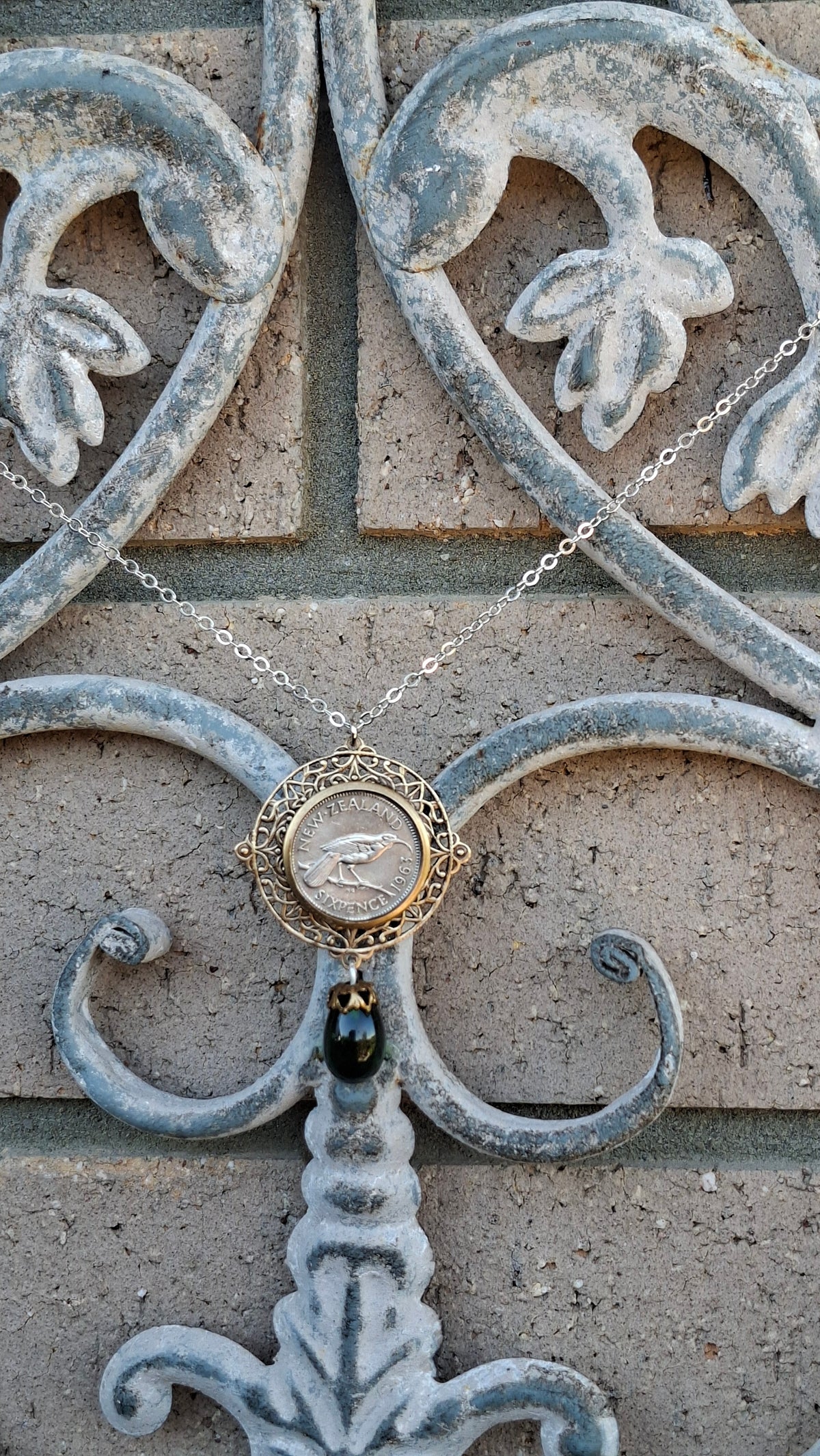 NEW! Re-minted Awa Sixpence Coin Necklace with Filigree Setting and Green Glass Teardrop