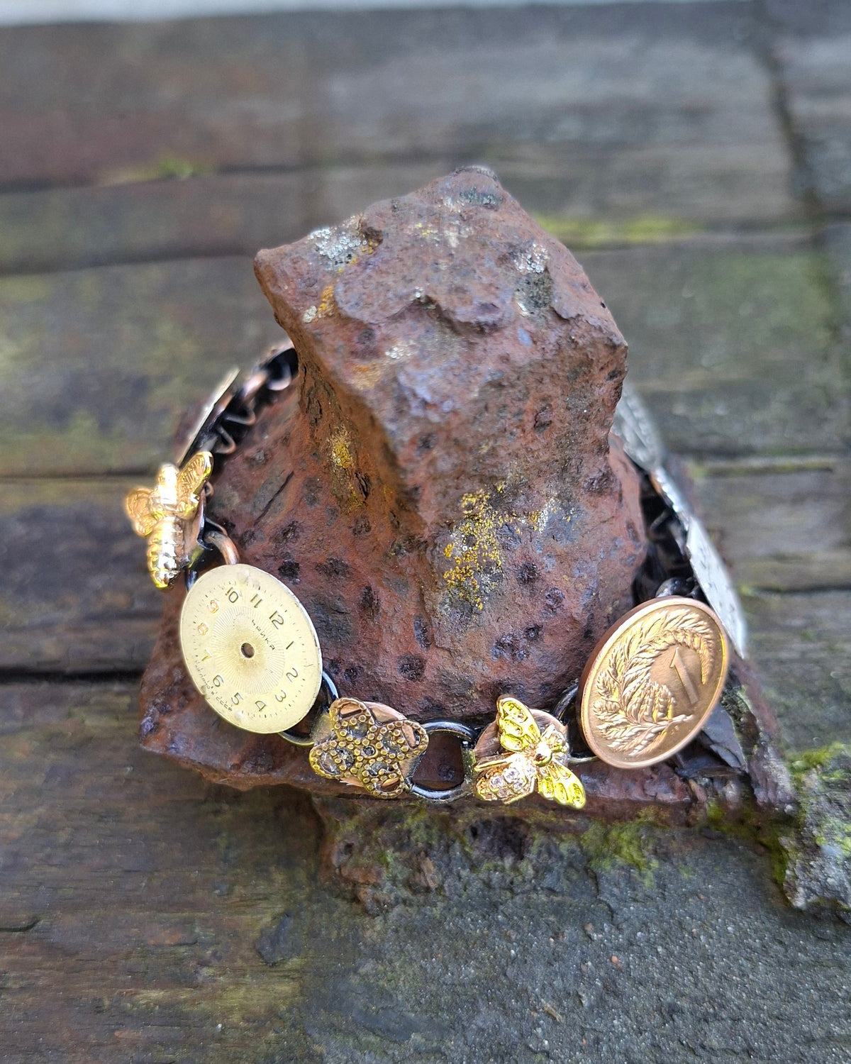 NEW! Vintage Eclectic Bracelet with timepieces and coins