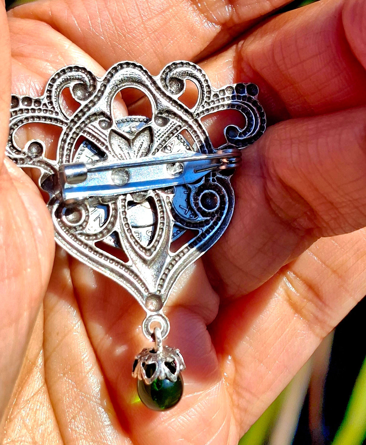 NEW! Re-minted Awa Flourish Brooch with Green Glass Drop