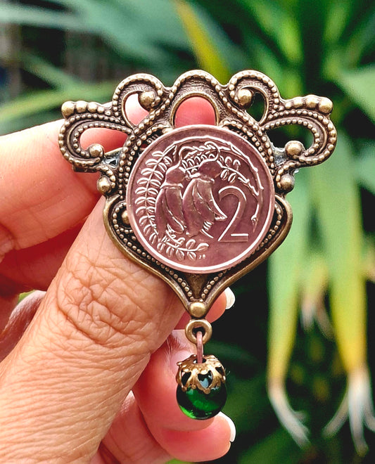 NEW! Re-minted Awa Brass Flourish Brooch with Green Glass Drop