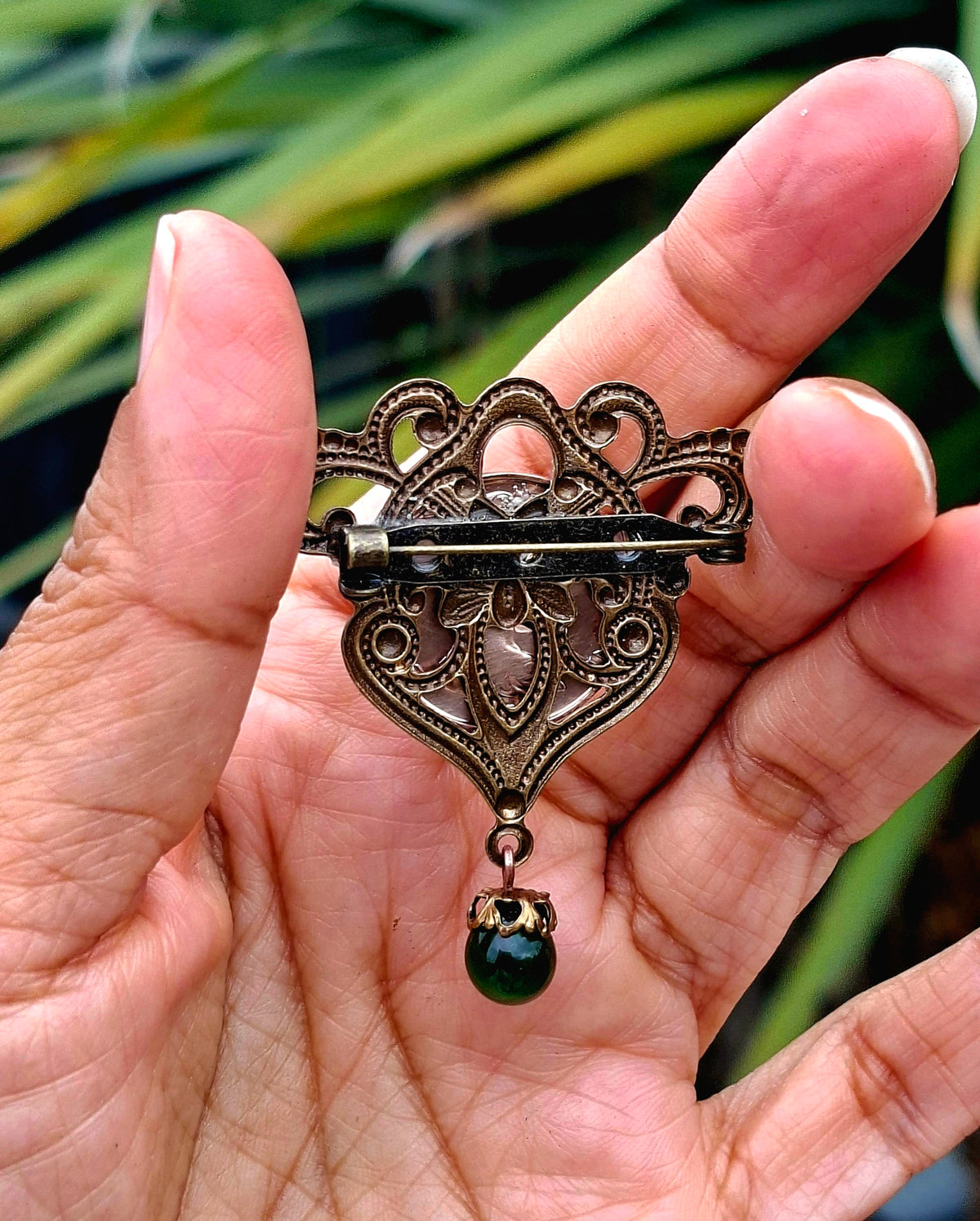 NEW! Re-minted Awa Brass Flourish Brooch with Green Glass Drop