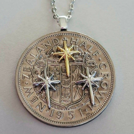 NEW! Matariki collection - Re-minted Half crown pendant with mixed metal stars