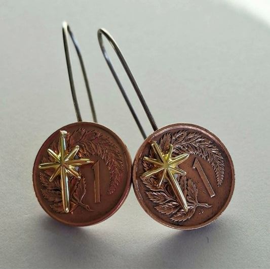 NEW! Matariki collection - Re-minted: One cent coin earrings with gold stars