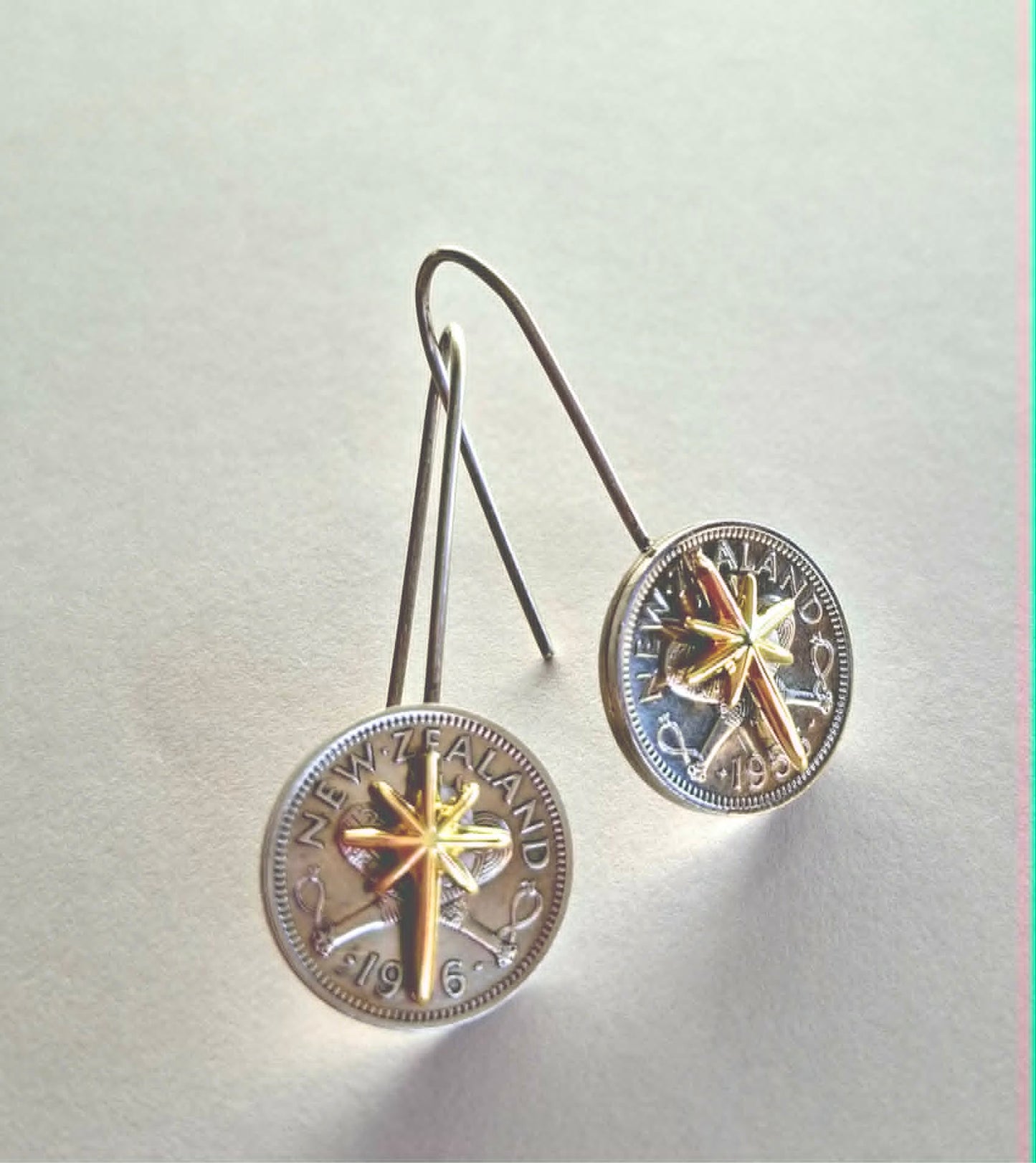 NEW! Matariki collection - Re-minted Threepence coin earrings with gold stars