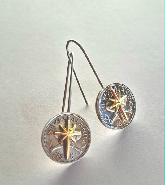 NEW! Matariki collection - Re-minted Threepence coin earrings with gold stars