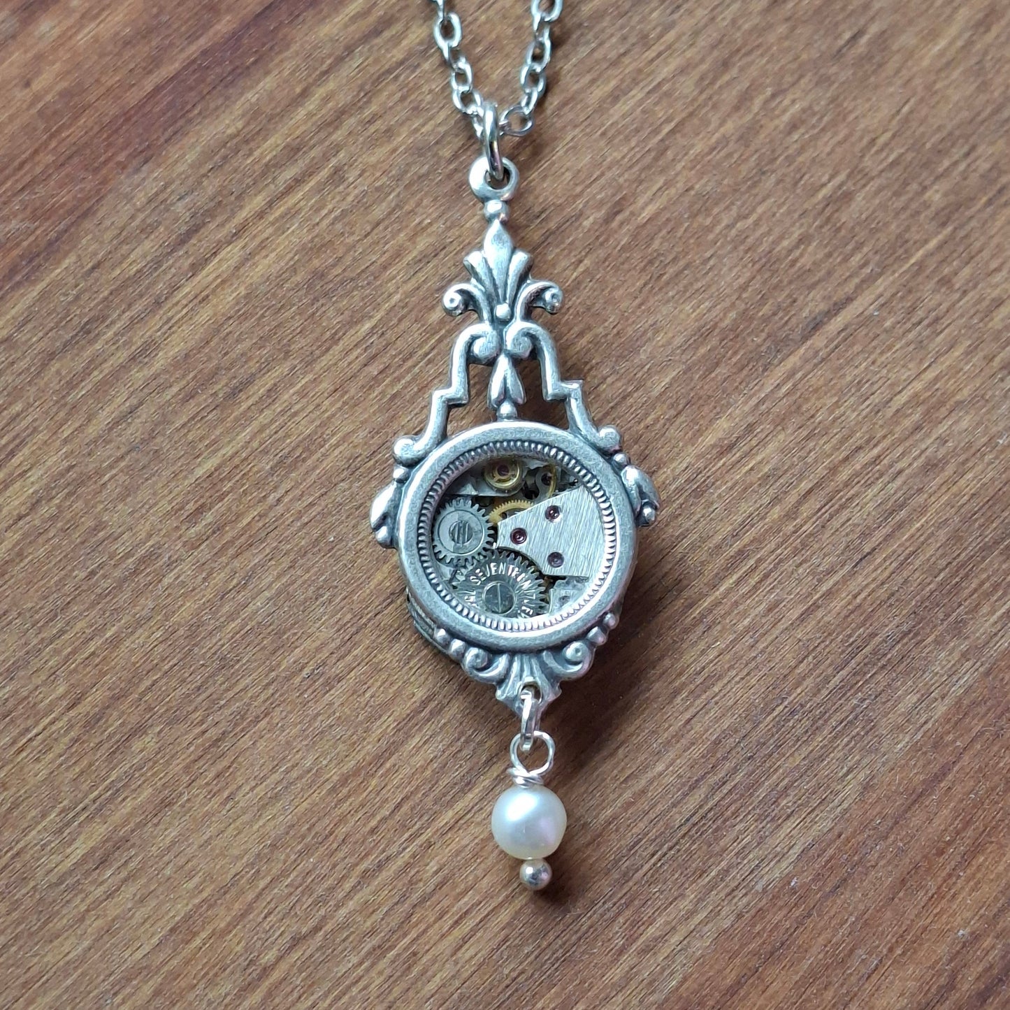 NEW! Silver Ornate Art Deco Window Pendant with Timepiece and Pearl