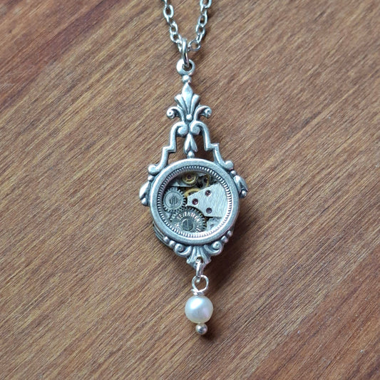 NEW! Silver Ornate Art Deco Window Pendant with Timepiece and Pearl