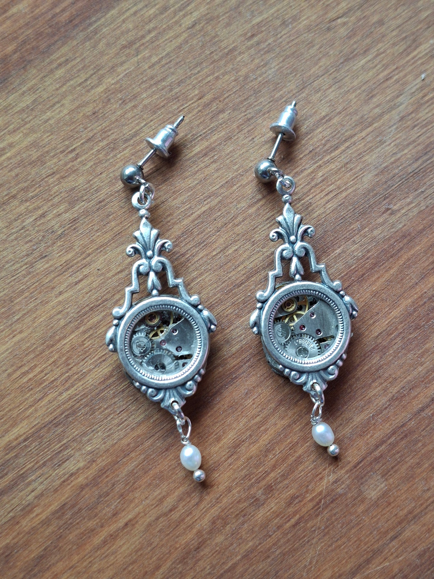 NEW! Silver Timepiece Ornate Art Deco Window Earrings with Pearls