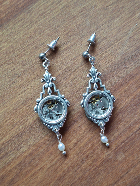NEW! Silver Timepiece Ornate Art Deco Window Earrings with Pearls