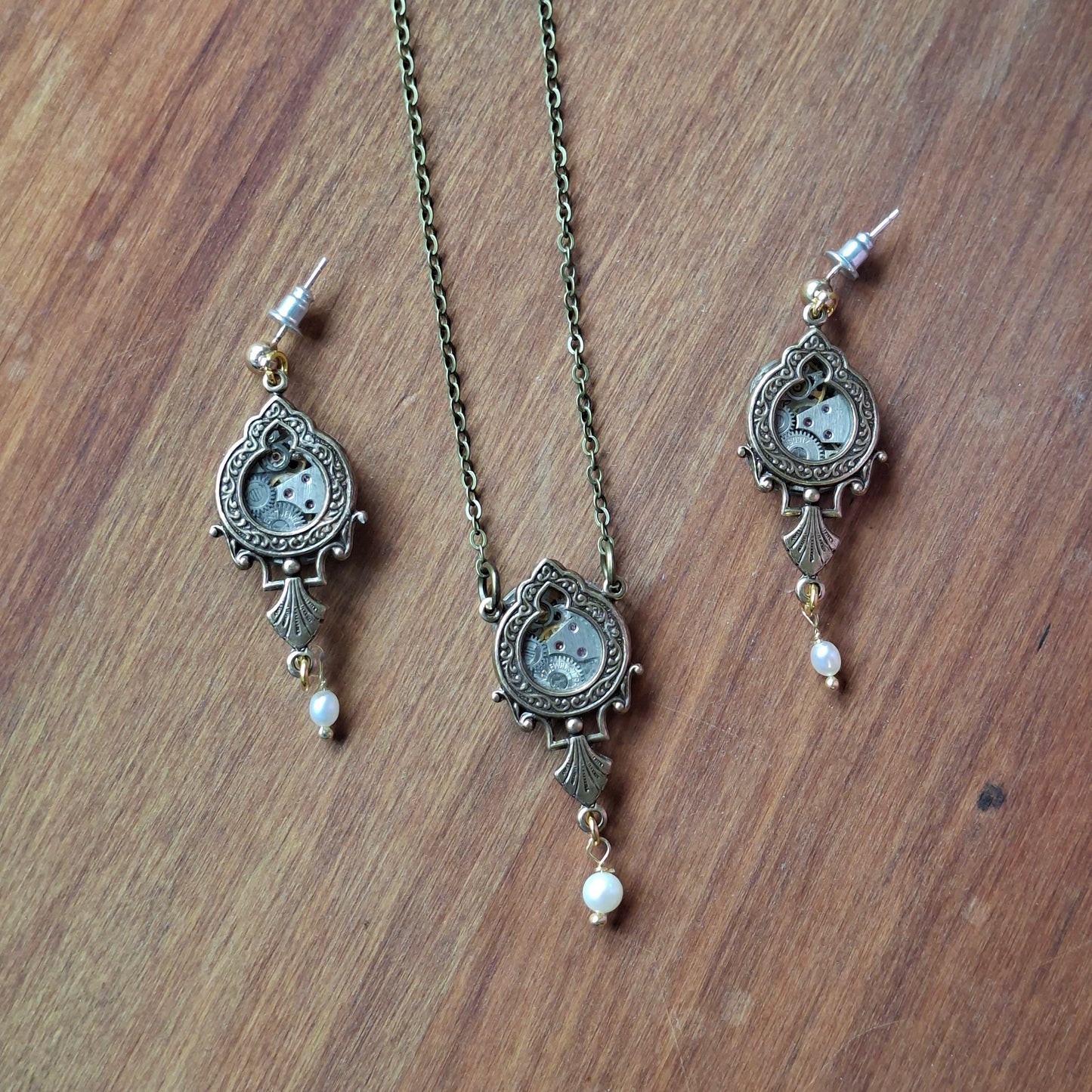 NEW! Brass Ornate Timepiece Window Earrings with Pearls