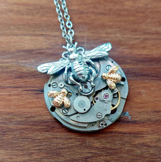 NEW!! Timepiece Pendant with Trio of Bees
