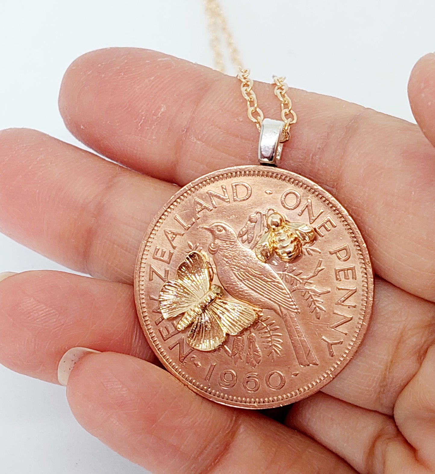 NEW!! Re-minted One Penny Pendant with Golden Butterfly and Bee