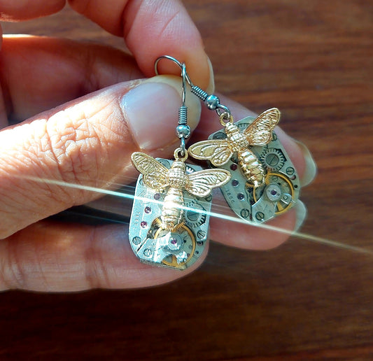 NEW!! Rectangle Timepiece Earrings with Large Golden Bees
