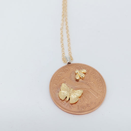 NEW!! Re-minted One Penny Pendant with Golden Butterfly and Bee