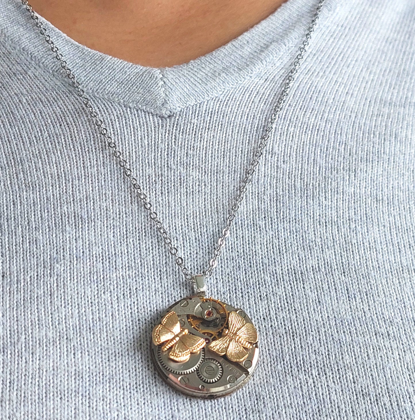 NEW!! Timepiece Pendant with Golden Butterflies