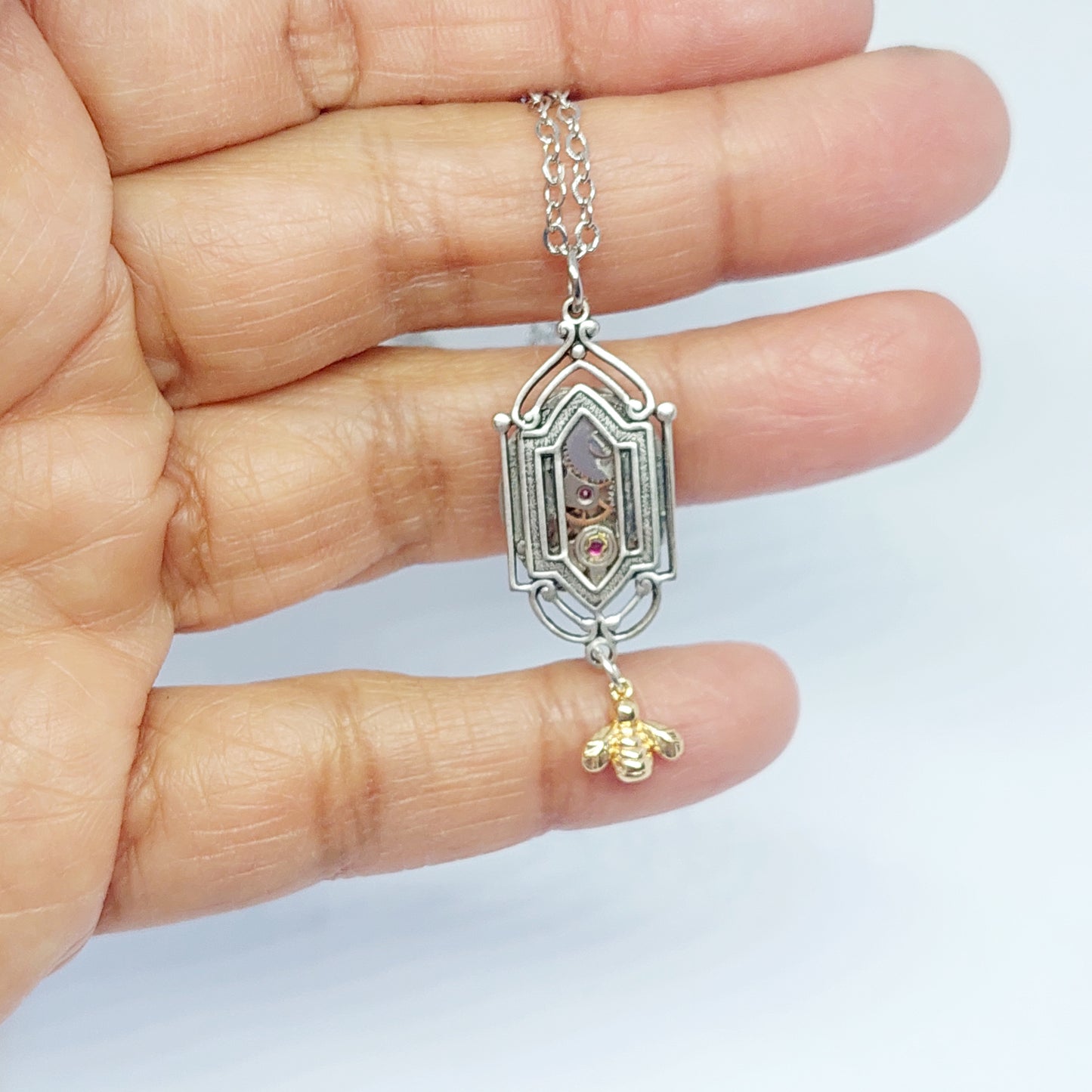 BESTSELLER! NEW!! Art Deco Window Pendant with vintage timepiece and gold bee