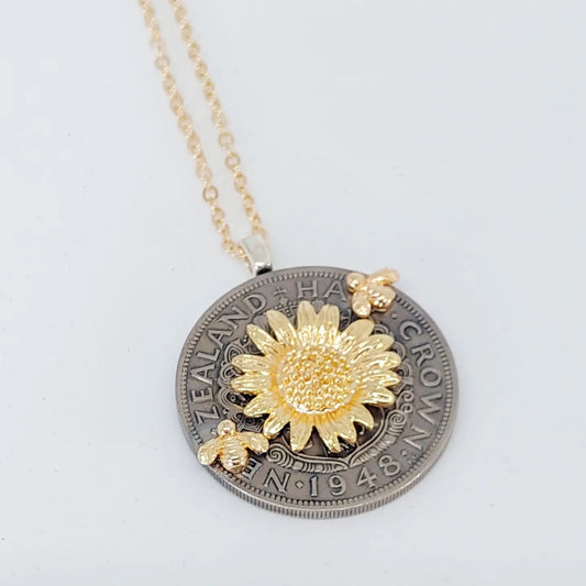 NEW!! BESTSELLER!! Re-minted Half Crown Pendant with Golden Sunflower and Bees