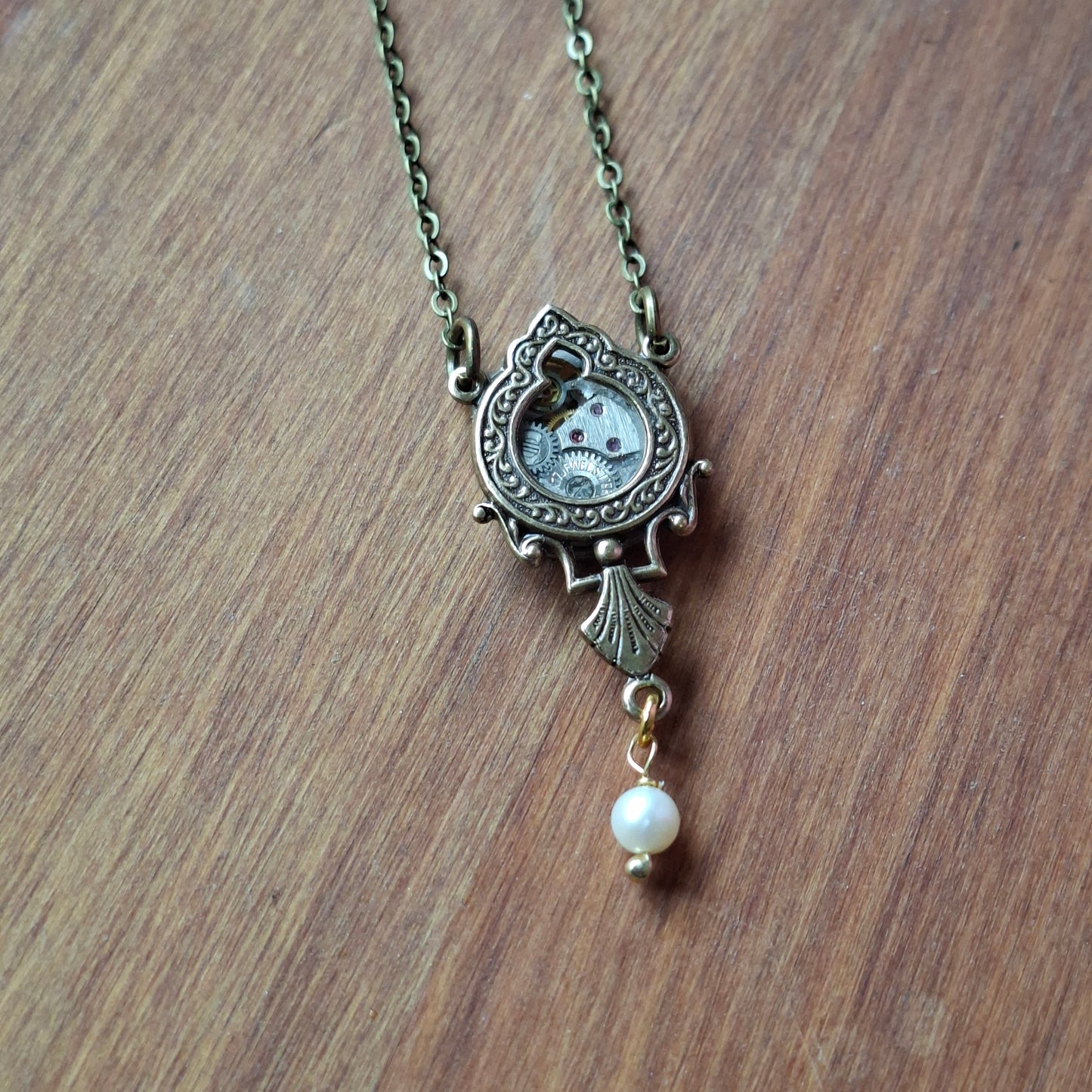 NEW! Brass Timepiece Ornate Window Pendant with Pearl