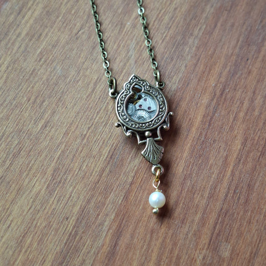 NEW! Brass Timepiece Ornate Window Pendant with Pearl