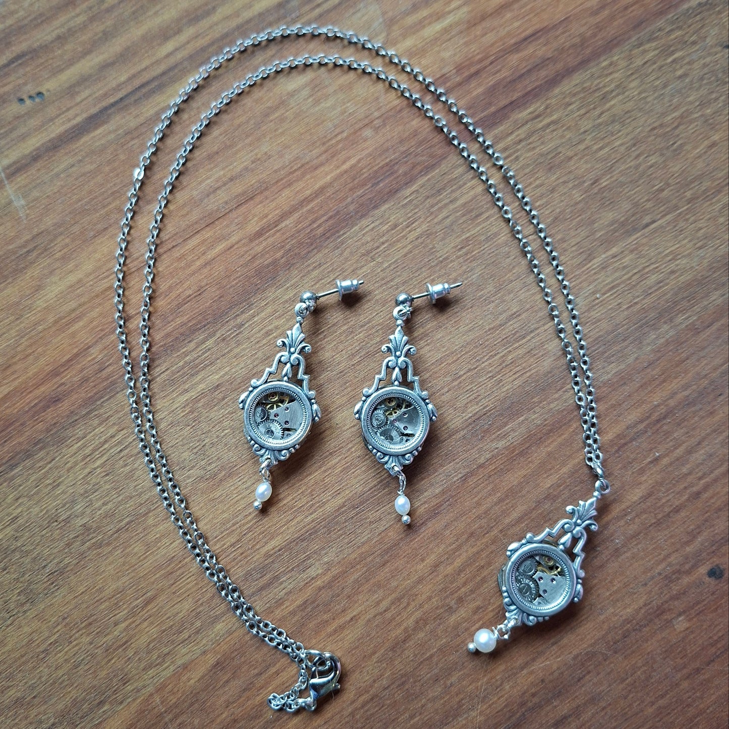 NEW! Silver Timepiece Ornate Art Deco Window Earrings with Pearls