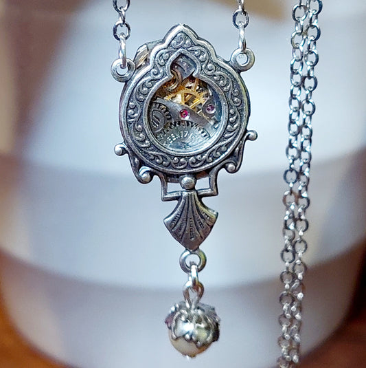 NEW!! Ornate Window Pendant with Timepiece and Pearl