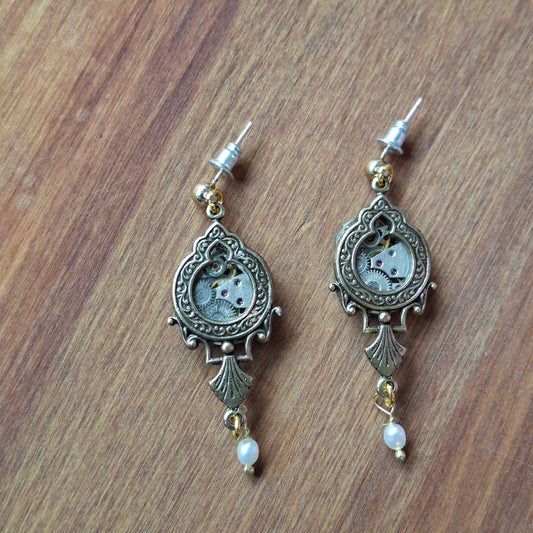 NEW! Brass Ornate Timepiece Window Earrings with Pearls