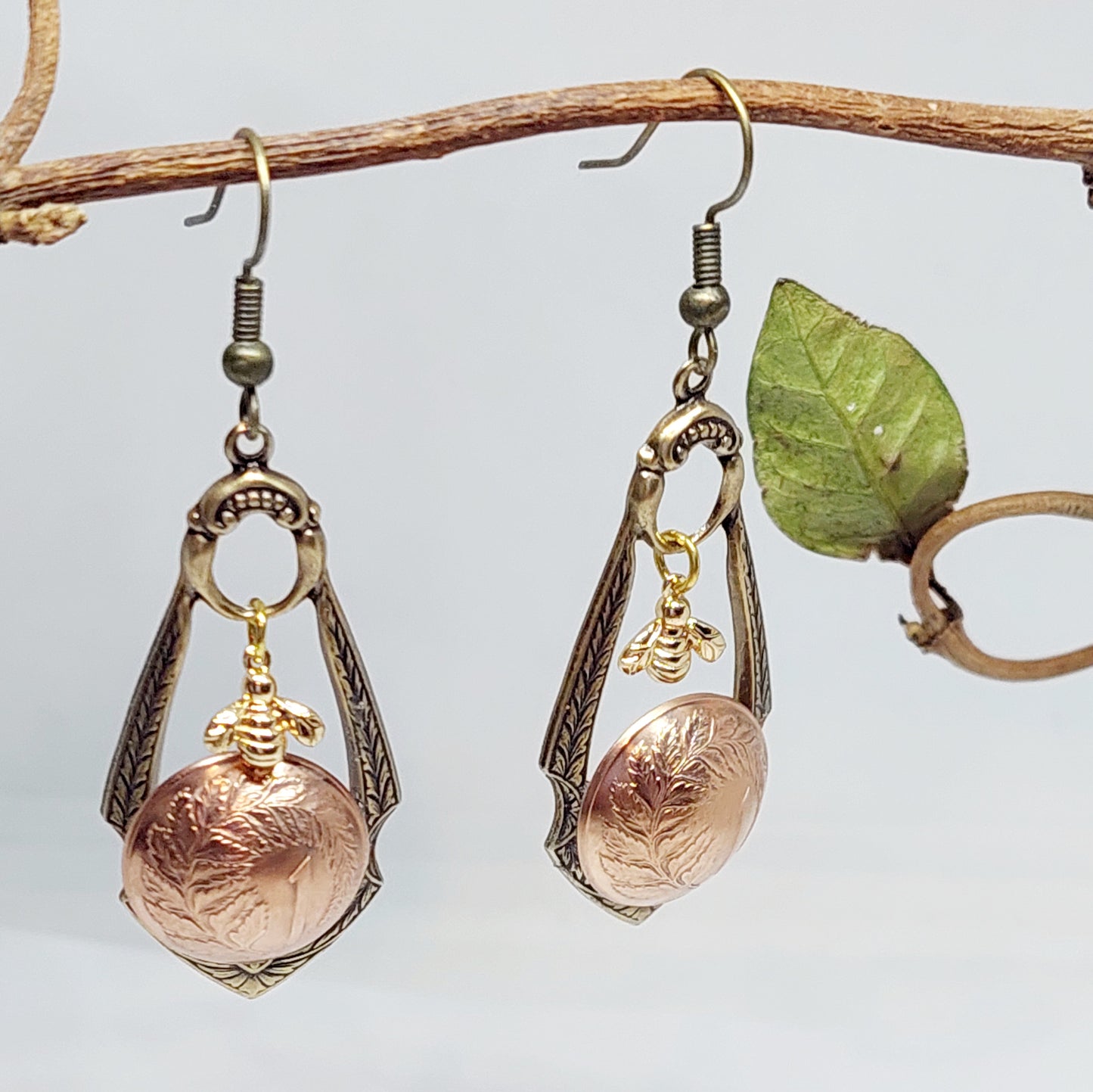 SALE!! Re-minted Ornate Drop Earrings with Tiny Gold Bees and One Cent Coins