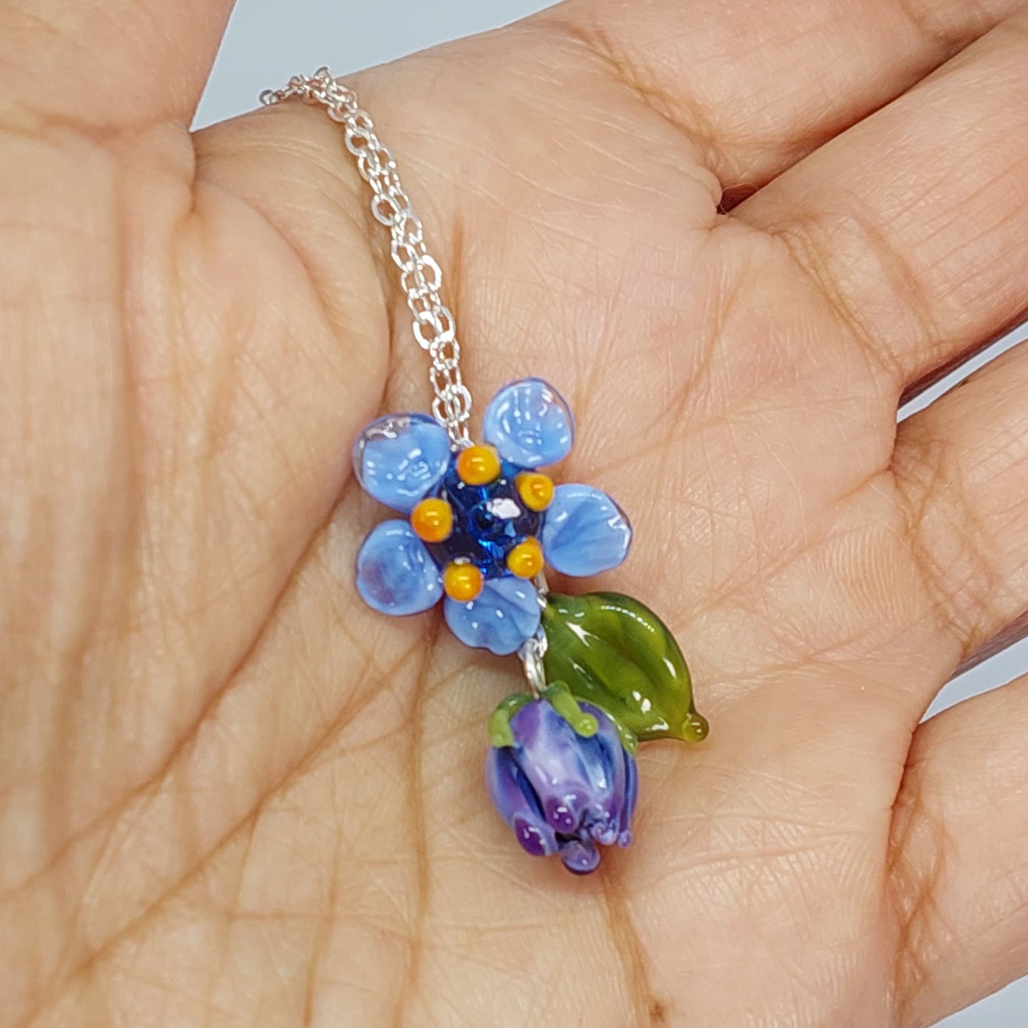 NEW!! Glass Art Forget Me Not Drop Pendant
