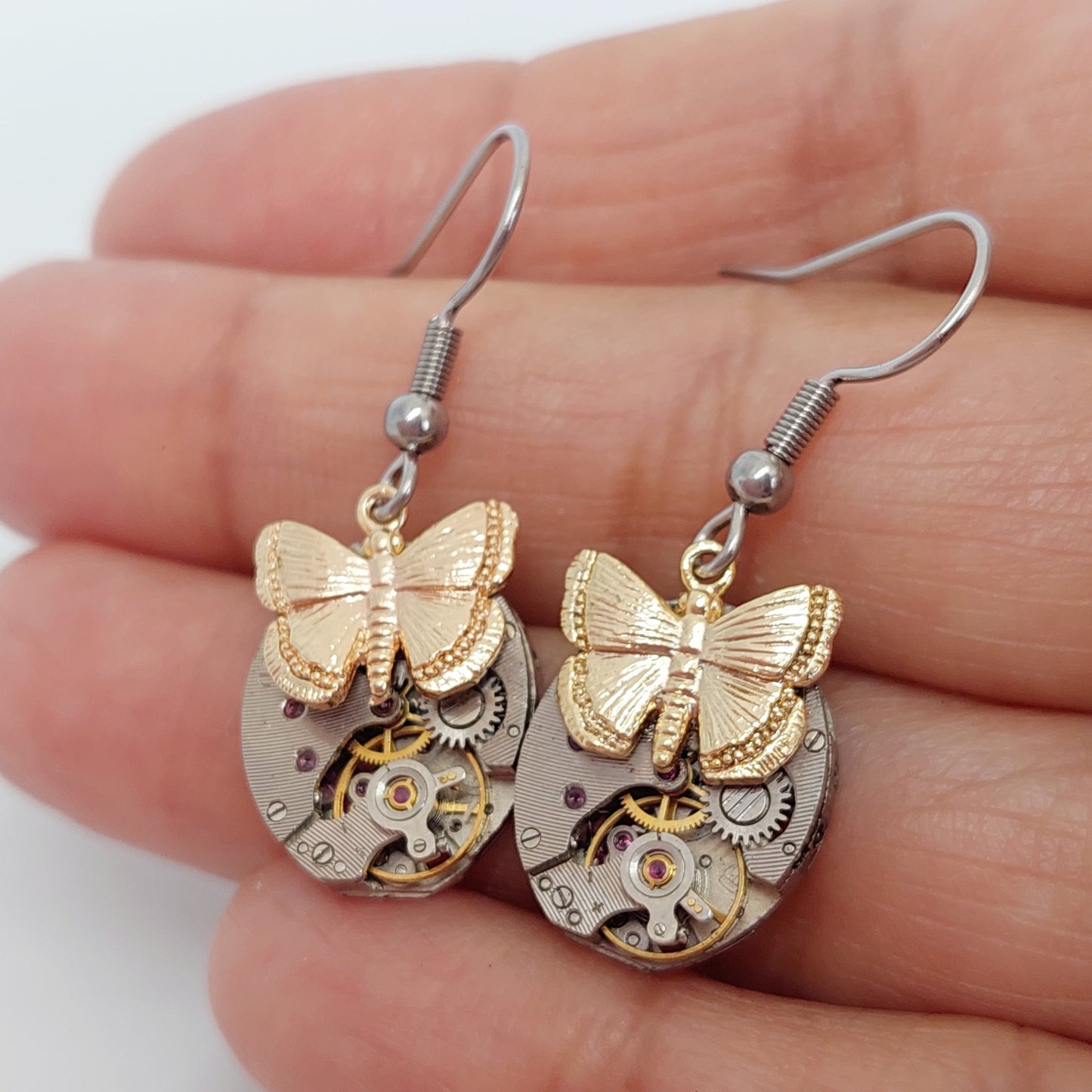 NEW!! Timepiece Earrings with Golden Butterflies