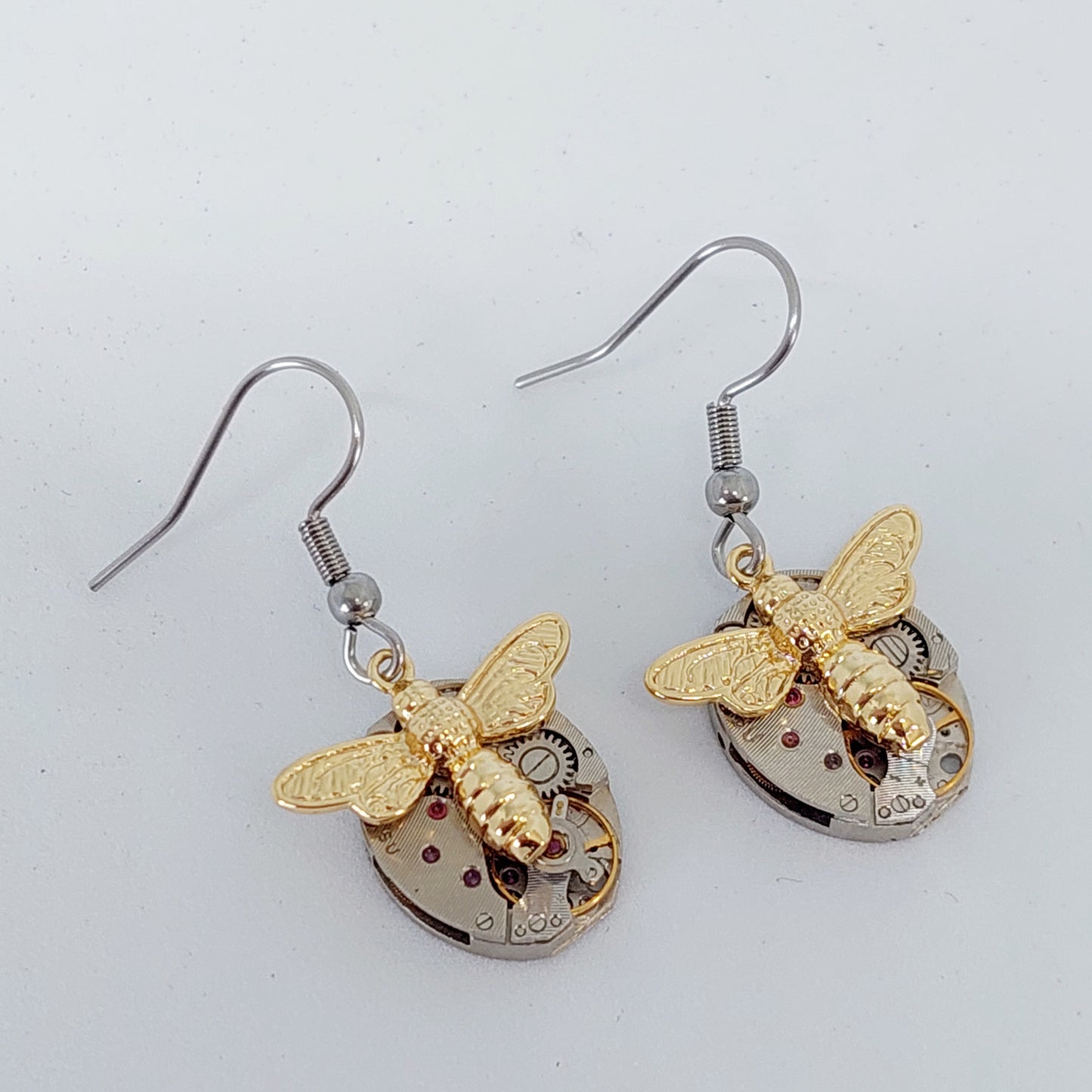 NEW!! Timepiece Earrings with Golden Bees