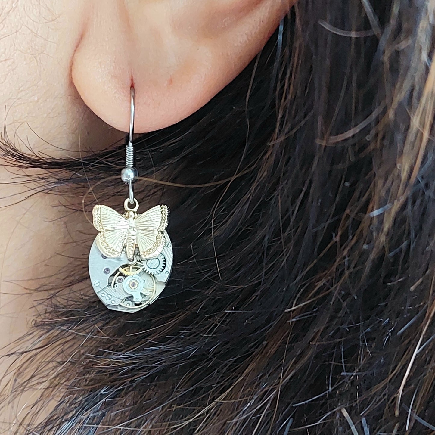 NEW!! Timepiece Earrings with Golden Butterflies