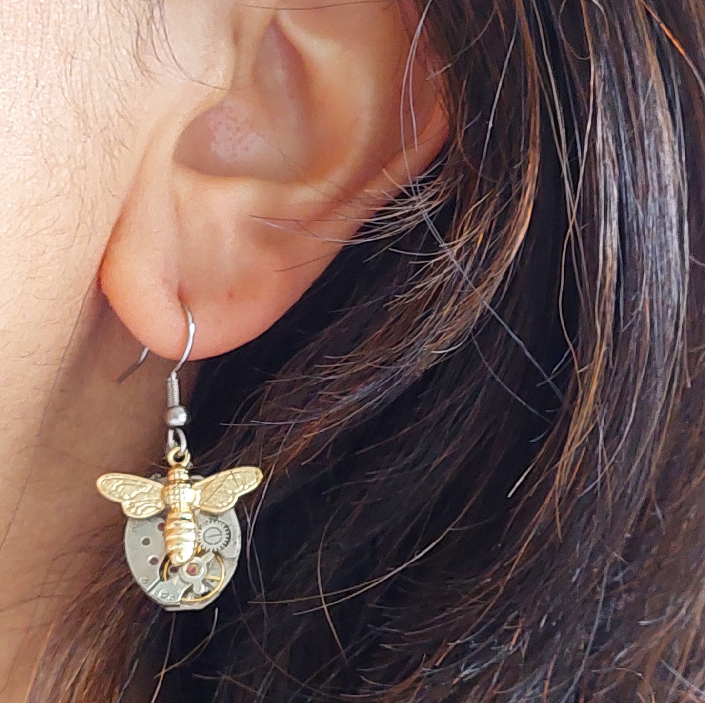 NEW!! Timepiece Earrings with Golden Bees