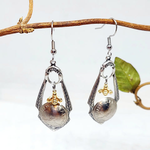 NEW!! Re-minted Ornate Drop Earrings with Tiny Gold Bees and Threepence Coins