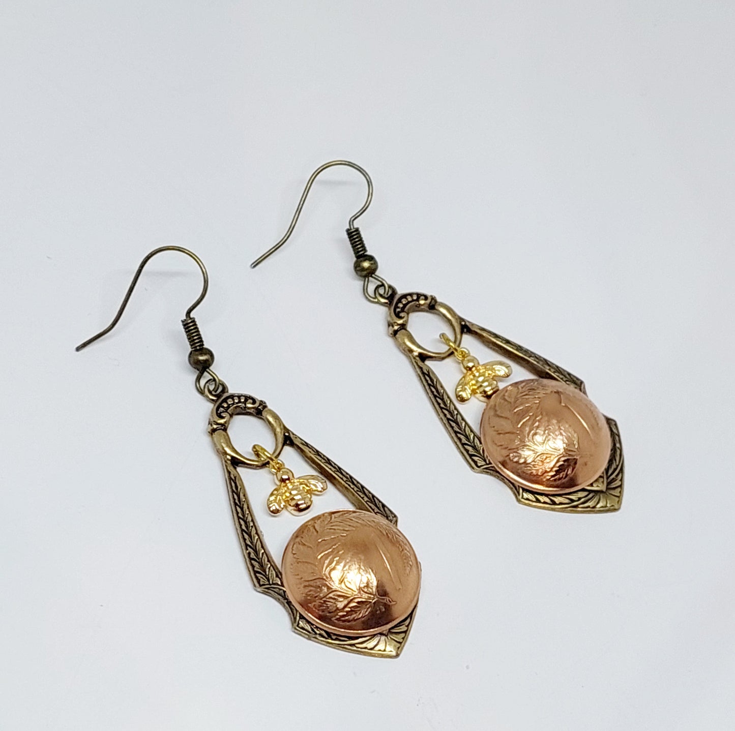 NEW!! Re-minted Ornate Drop Earrings with Tiny Gold Bees and One Cent Coins