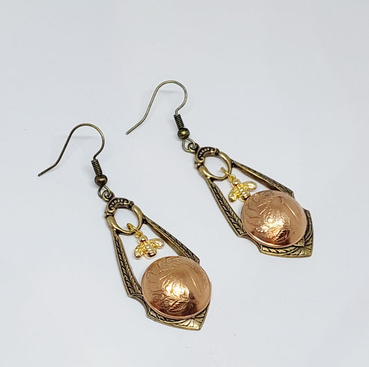 SALE!! Re-minted Ornate Drop Earrings with Tiny Gold Bees and One Cent Coins