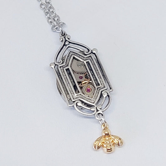 BESTSELLER! NEW!! Art Deco Window Pendant with vintage timepiece and gold bee