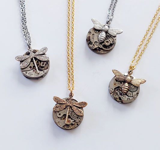 Timepiece Mini Pendants with bee or dragonfly - four to choose from!