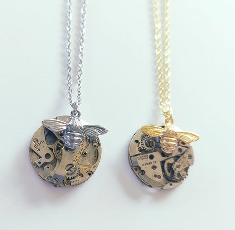 Timepiece Honeybee Pendant - gold or silver tone
