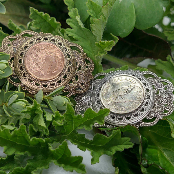 SALE! Re-minted Small Garden Crest Brooch with One Cent Coin - 40% off!
