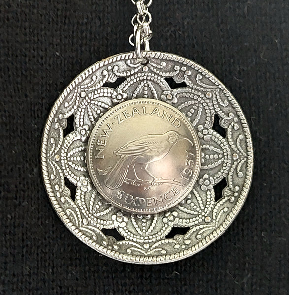 SALE! Re-minted Two Way Domed Garden Circle Pendant with Sixpence - 40% off!