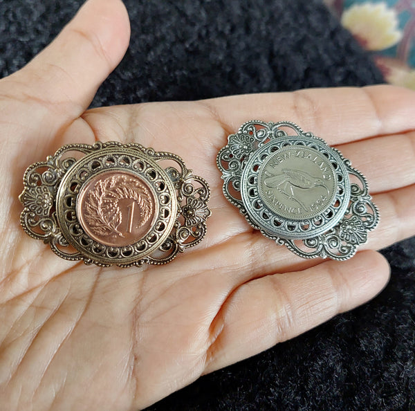 SALE! Re-minted Small Garden Crest Brooch with One Cent Coin - 40% off!
