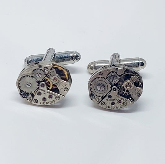 Timepiece cufflinks - silver hexagons/ovals