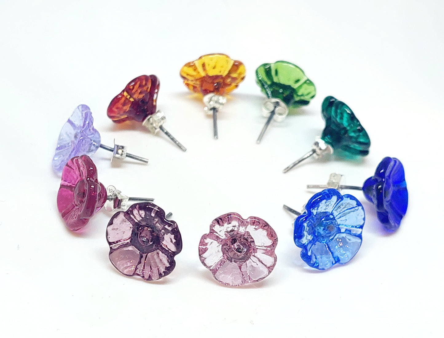 Glass Art - Vibrant Floral Stud Earrings - Five Petals