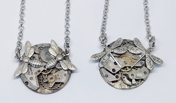 NEW!! Timepiece twin dragonfly or bee pendant - silver