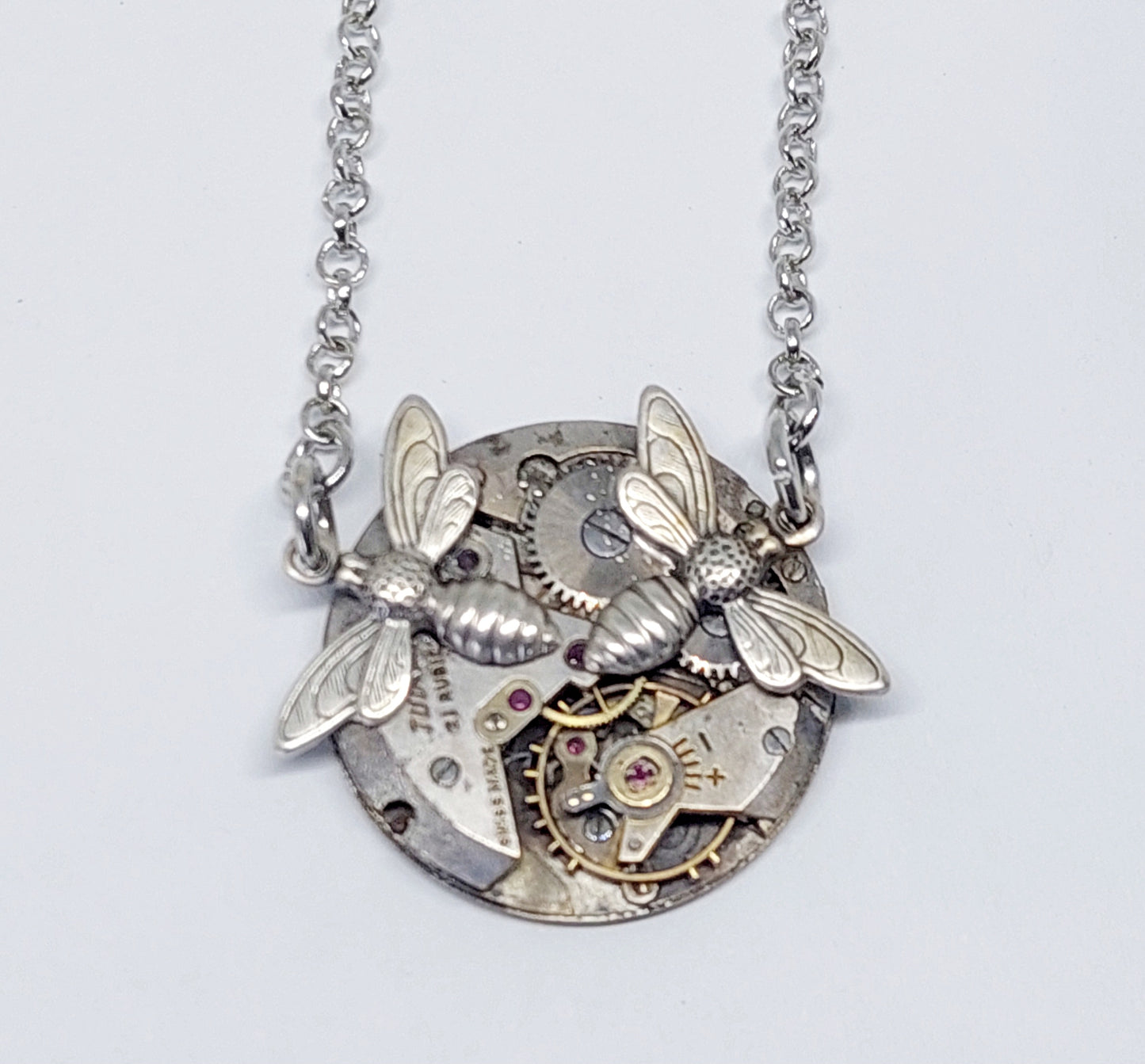 Timepiece twin dragonfly or bee pendant - silver