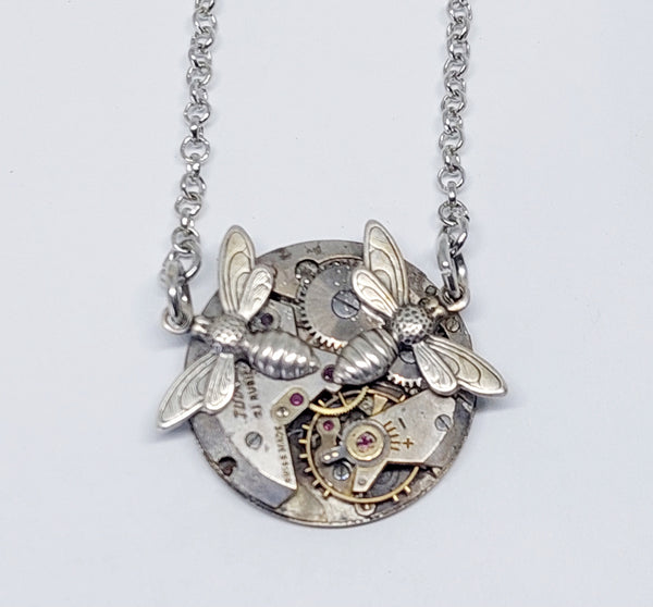 NEW!! Timepiece twin dragonfly or bee pendant - silver